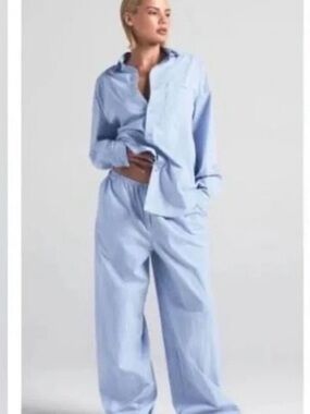 SKIMS Cotton Poplin Oversized Sleep Set in Blue Stripe 🆕